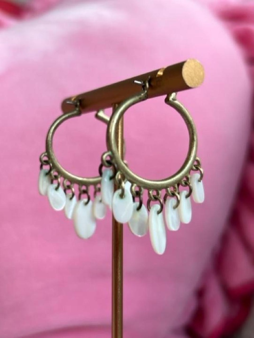 Gold Hoop Earrings with White Shell Dangles